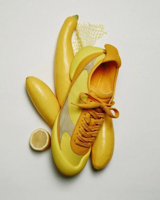 Close-up of a yellow sneaker shoe lying among three yellow zucchinis and a lemon half on a white surface. Product and food flat lay.