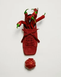Red suede sneaker filled with fresh red chili peppers and a red tomato placed below against a plain white background