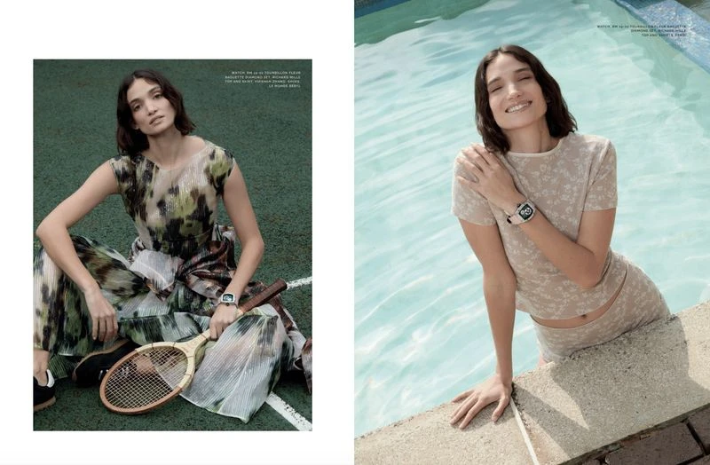 Two photos: a woman in a dress on a tennis court and the same woman by a pool wearing a top and skirt, both wearing watches.