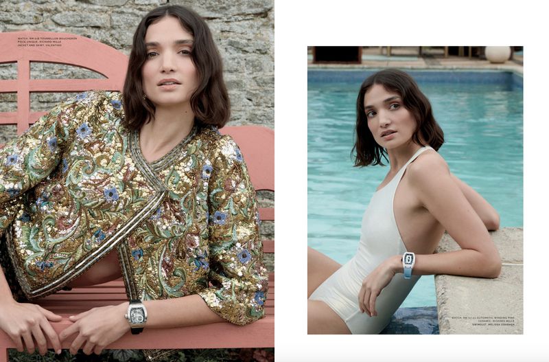 A woman poses in an embroidered jacket on a peach bench, contrasted with a poolside image of her in a white swimsuit.