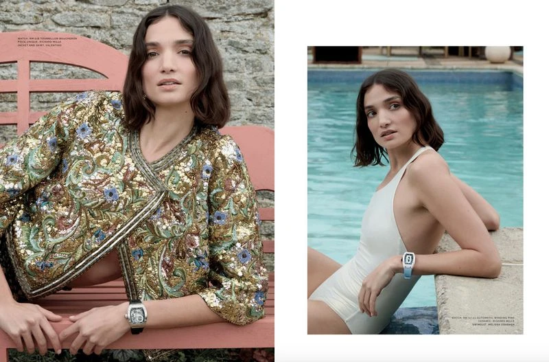 A woman poses in an embroidered jacket on a peach bench, contrasted with a poolside image of her in a white swimsuit.