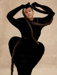 Tyra Banks in a black sculptural dress with long braided hair wrapped around her body against a neutral textured backdrop.