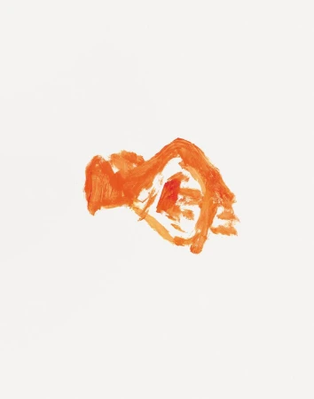 Abstract painting of an orange fist against a white background. The art is made with visible brush strokes and a bold color palette.
