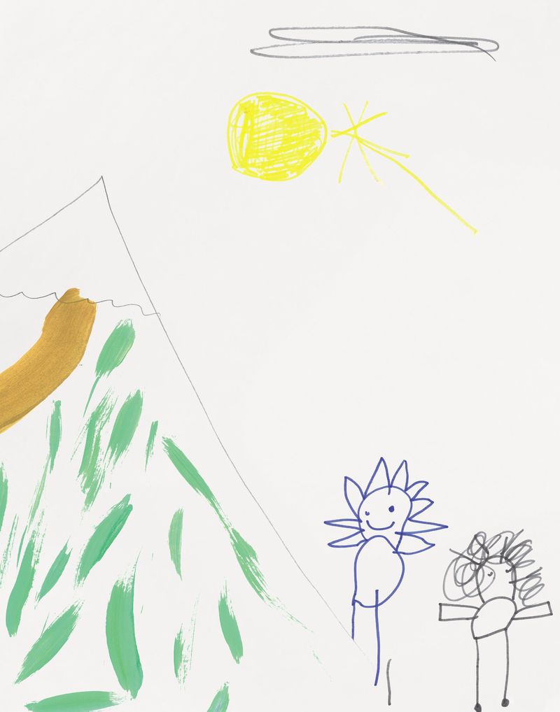 Child's crayon drawing on white background with mountain, sun, figures, and green vegetation. Simple, colorful illustration.