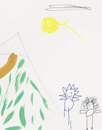 Child's crayon drawing on white background with mountain, sun, figures, and green vegetation. Simple, colorful illustration.