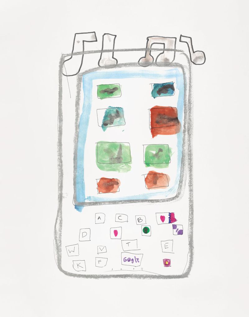 Illustration of a smartphone with colorful icons and music notes, rendered in a playful, hand-drawn style on a white background.
