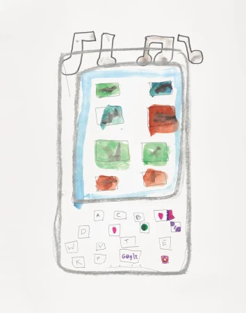 Illustration of a smartphone with colorful icons and music notes, rendered in a playful, hand-drawn style on a white background.