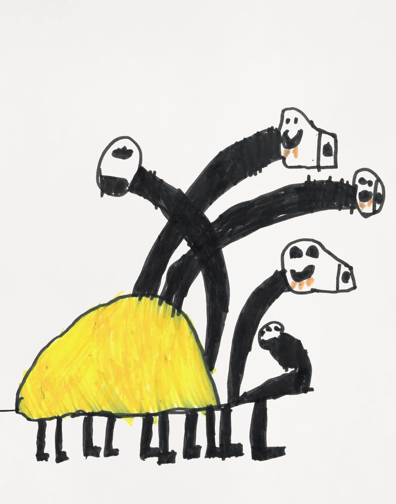 Whimsical drawing of a multi-legged creature with a yellow body, four black legs and four black, snake-like necks with horse-like heads.