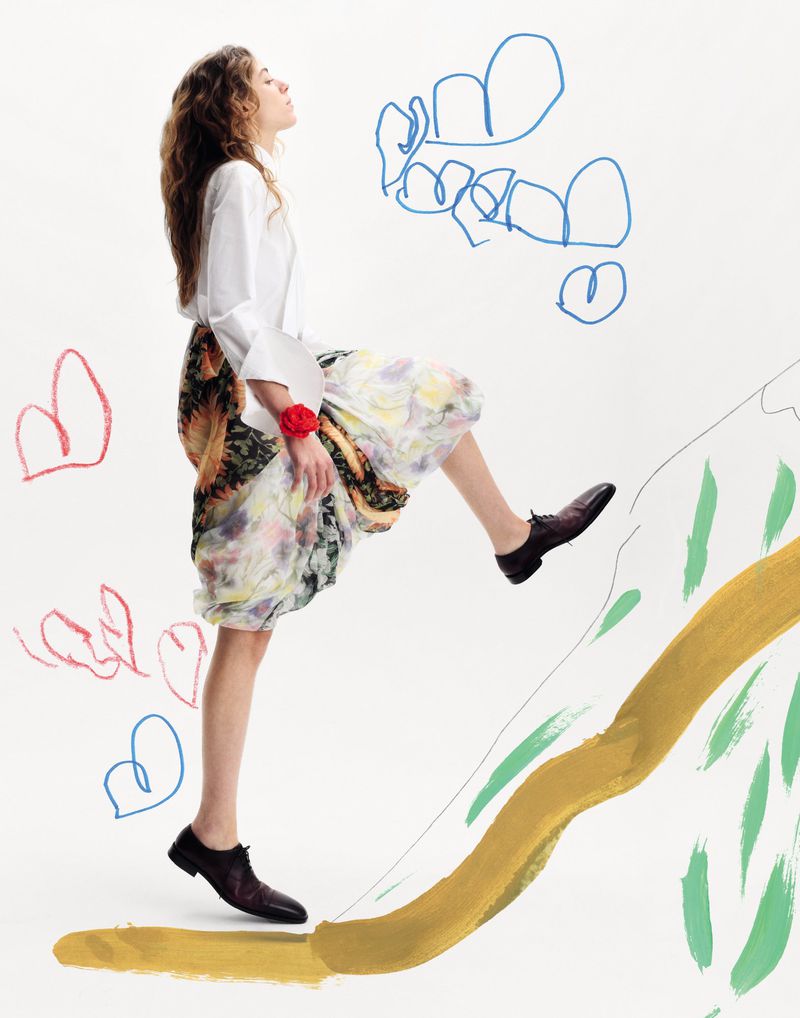 A young woman in a white shirt and floral skirt stepping upwards, set against a white background with hand-drawn elements.