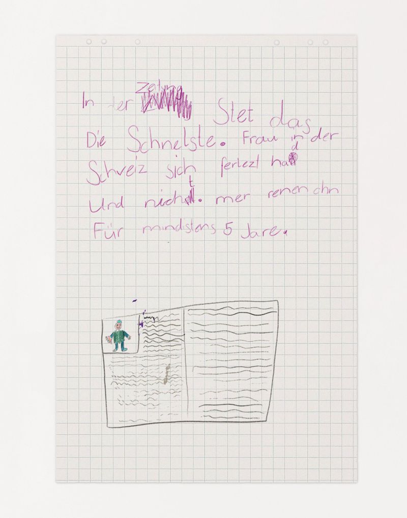 Child's drawing on graph paper featuring handwritten German text above an illustration of a newspaper with a figure in the corner.
