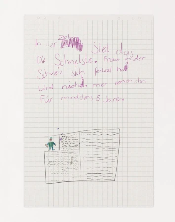 Child's drawing on graph paper featuring handwritten German text above an illustration of a newspaper with a figure in the corner.