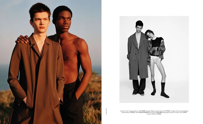 Two young fashion models, one shirtless, pose in natural light against a coastal landscape and a stark white studio background for a fashion editorial.