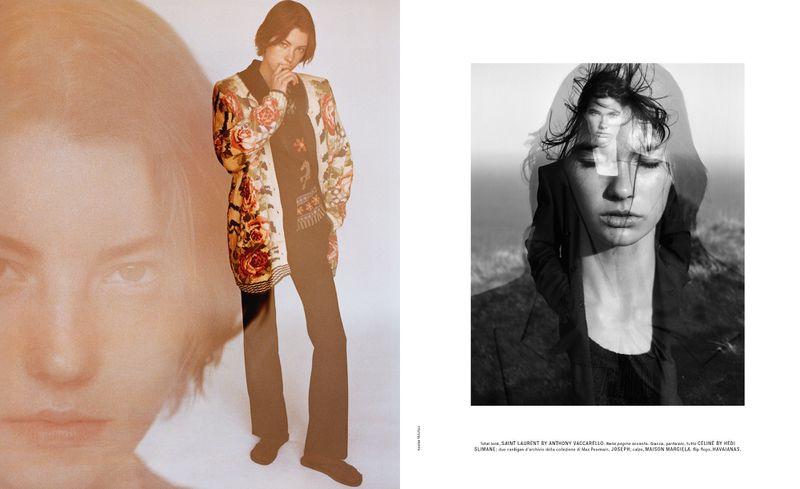 Double exposure fashion shot of a model in a floral jacket, contrasted with a pensive portrait in black and white. Studio setting.
