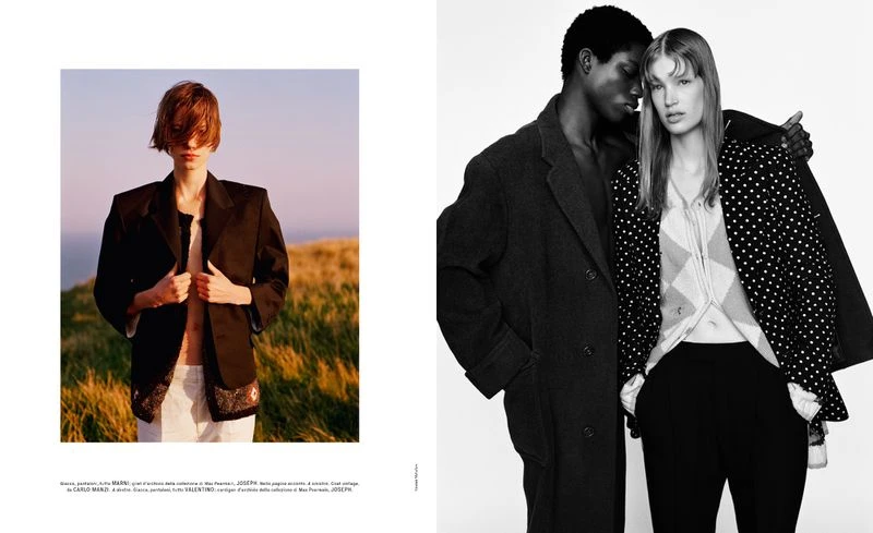 Fashion editorial featuring an adult female in blazer on a grassy hill, with a couple in overcoats in a black and white studio shot.
