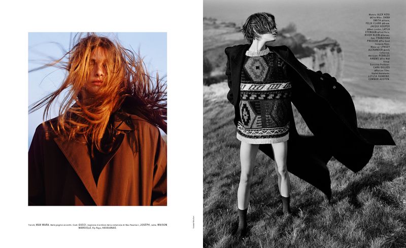 Two fashion images: one of a long-haired woman in a brown jacket against a blue sky, another of a woman in a patterned sweater.