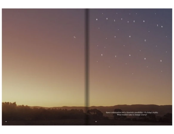 Landscape art piece featuring text written in the stars against a twilight sky above a rural landscape with trees and fields.