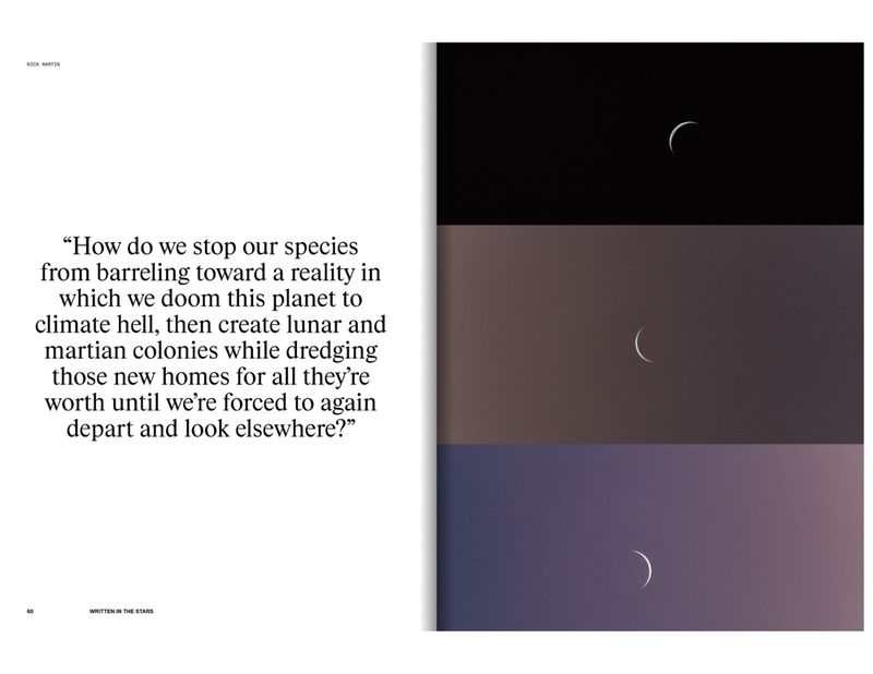 Magazine spread with a quote about climate change paired with a three-part night sky featuring a crescent moon in each section.