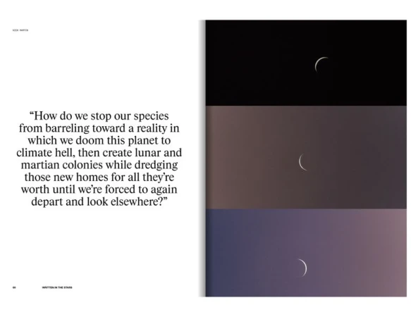 Magazine spread with a quote about climate change paired with a three-part night sky featuring a crescent moon in each section.