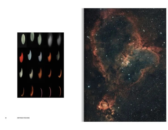 Split-page view of a book featuring a composite eclipse image and a nebula photo against a black night sky with visible stars.