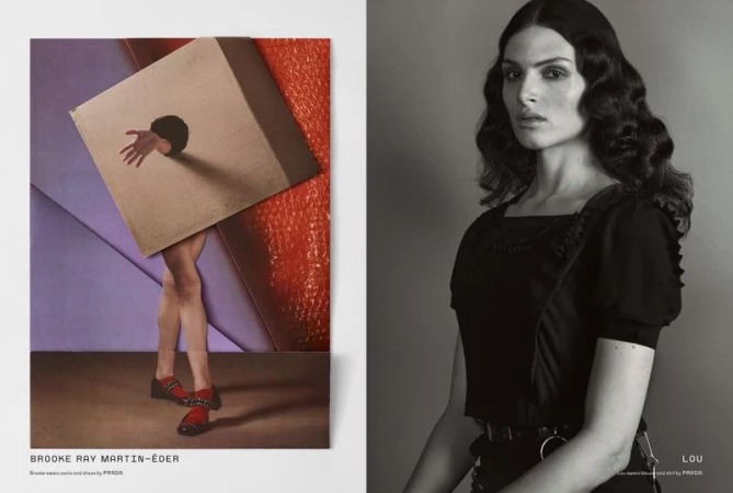 A fashion editorial featuring a woman in a black dress and a surreal composition with a person's legs, hand, cube, and geometric backdrop.
