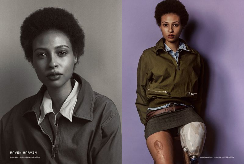 Studio portrait of a mixed-race woman with a disability wearing an olive green jacket and grey skirt, posing against a split background.