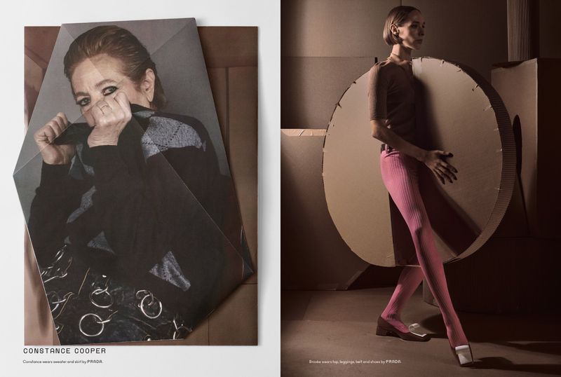 Editorial fashion layout featuring a portrait of Constance Cooper and a full shot of a model in pink leggings, styled by Prada.
