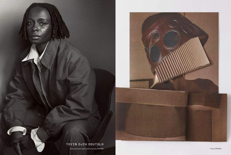 Monochromatic studio shot showcases an adult with dreadlocks in collared shirt and jacket, seated by a cardboard art piece.