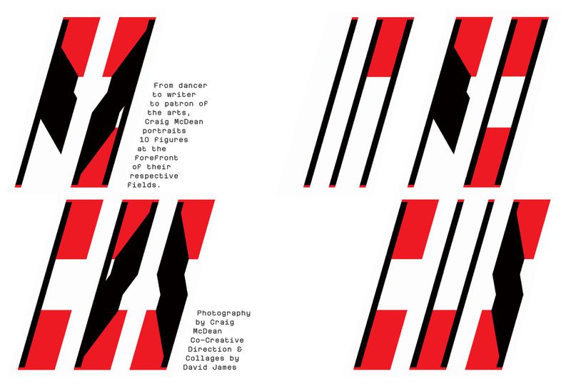 Abstract collage featuring red, black, and white geometric shapes, with overlaid text including photographer Craig McDean's name.