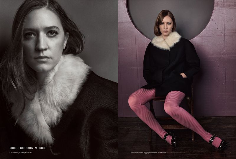 Two images show Coco Gordon Moore wearing Prada: a black and white portrait and a color studio shot of her seated in black coat, pink tights.