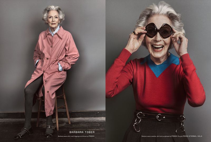 Two portraits of Barbara Tober, an elderly woman, wearing fashionable outfits and striking poses against a grey background.