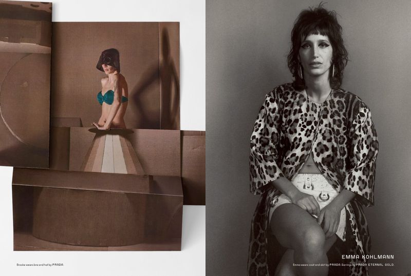 Editorial shot of a woman in a leopard-print jacket next to a collage featuring a model wearing a teal top and skirt.