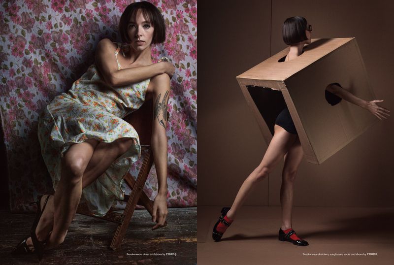 A diptych fashion image features two women modeling clothing. One woman poses on a chair, another poses inside a large cardboard box.