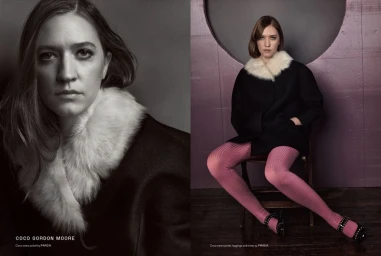 Portrait and seated shot of a woman with white faux fur collar coat and pink tights against a dark backdrop
