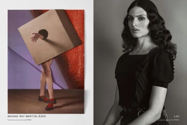 Diptyque fashion editorial layout featuring a collage on the left and a portrait of a woman in a black top on the right