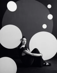 Model Deva Cassel seated in a black dress against a backdrop featuring large white circles