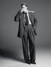 Model in oversized grey suit drinking from paper cup against neutral backdrop for Re-Edition Magazine