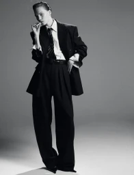 Model in oversized black suit with striped tie holding cigarette against grey background