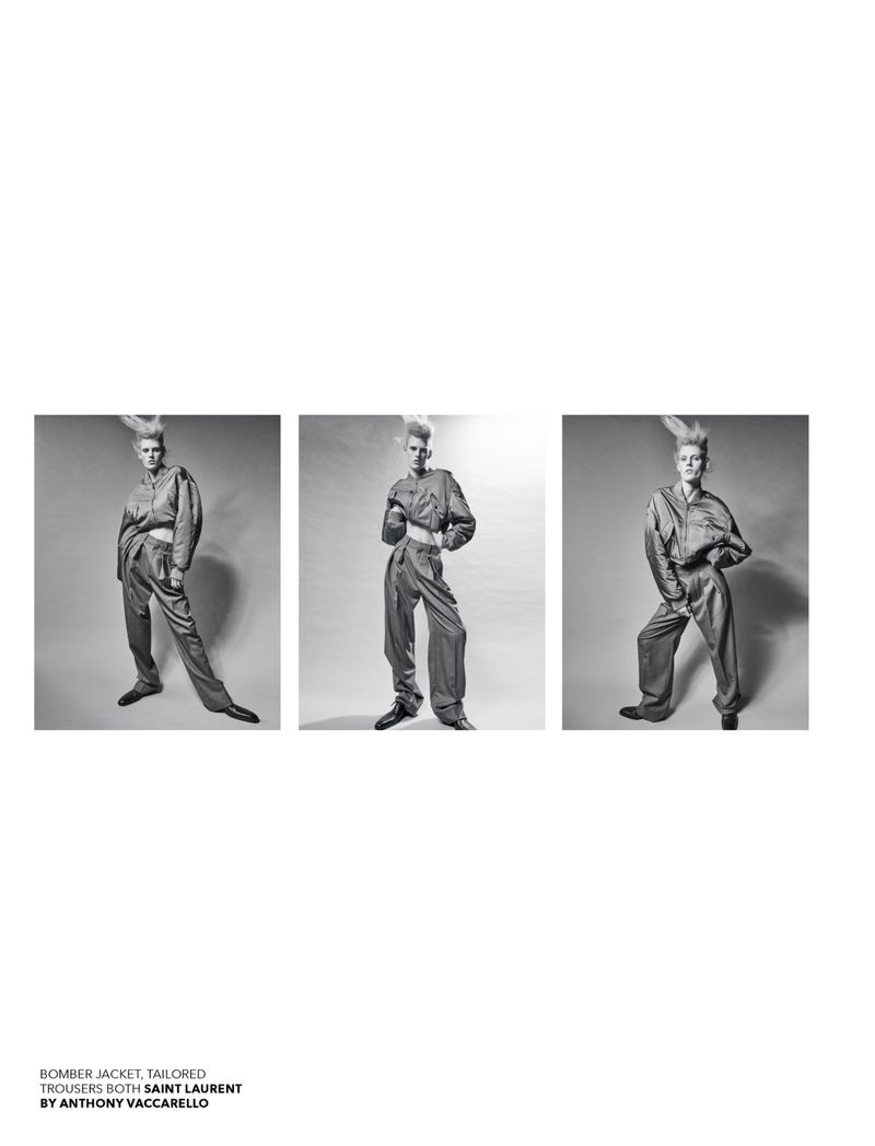 Three black-and-white fashion shots of a person with a distinctive hairstyle wearing a bomber jacket and tailored trousers.