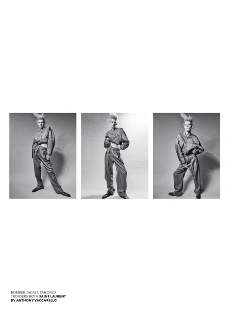 Three black-and-white fashion shots of a person with a distinctive hairstyle wearing a bomber jacket and tailored trousers.