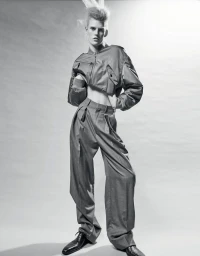 Model Bodine Van Galen wearing a cropped jacket and high-waisted trousers against a neutral studio backdrop.