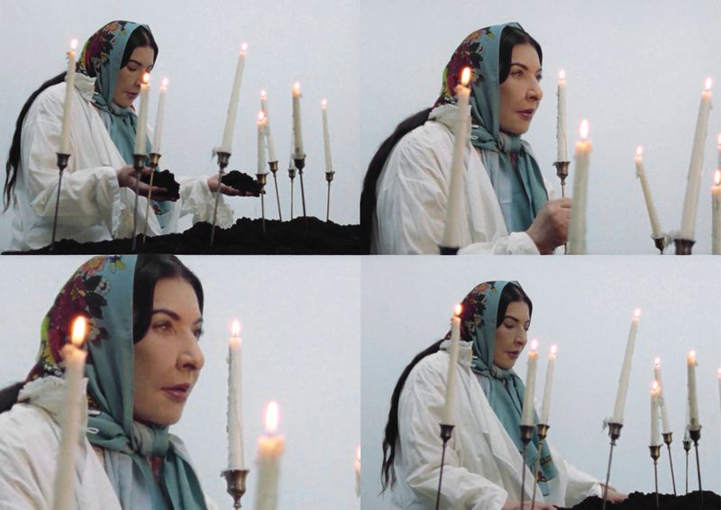 Woman with headscarf tending to dirt and lit candles in a stark setting with multiple vignettes in a video or photo collage.
