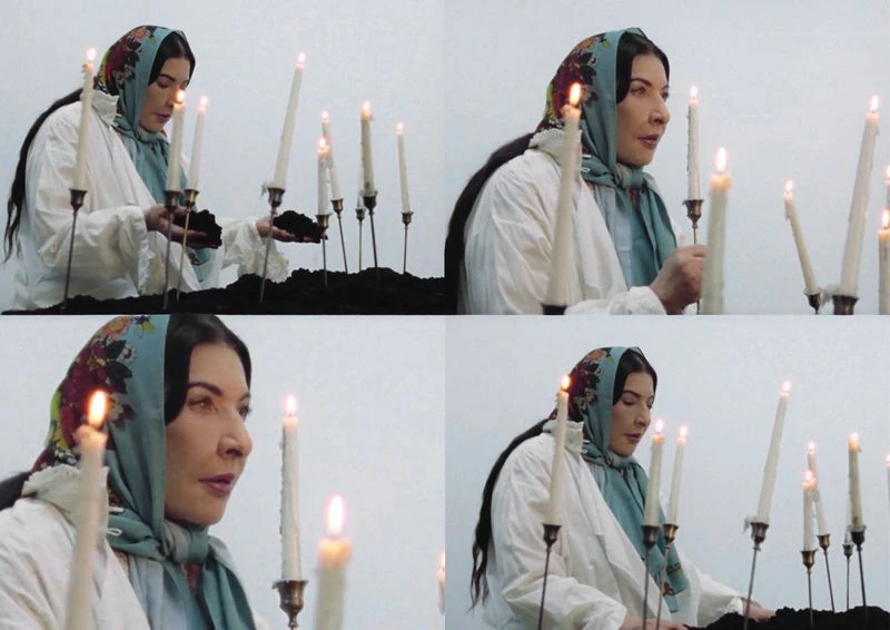 Woman with headscarf tending to dirt and lit candles in a stark setting with multiple vignettes in a video or photo collage.