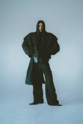Model with long dark hair wearing a heavy black coat and wide trousers standing against a plain light grey backdrop.