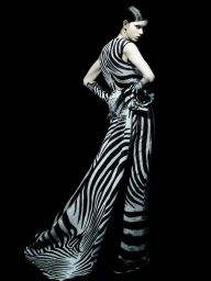 Model in zebra-print jumpsuit with train posing against a black backdrop for Vogue Adria