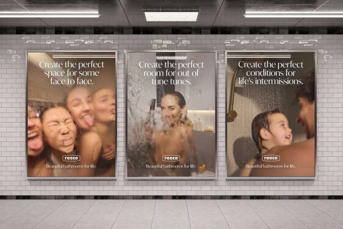 Three Reece brand posters on a subway wall feature diverse groups enjoying shower experiences, emphasizing beautiful bathrooms for life.