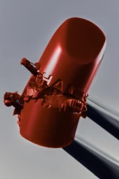 Close-up of a broken red lipstick held by metal tweezers against a neutral grey background