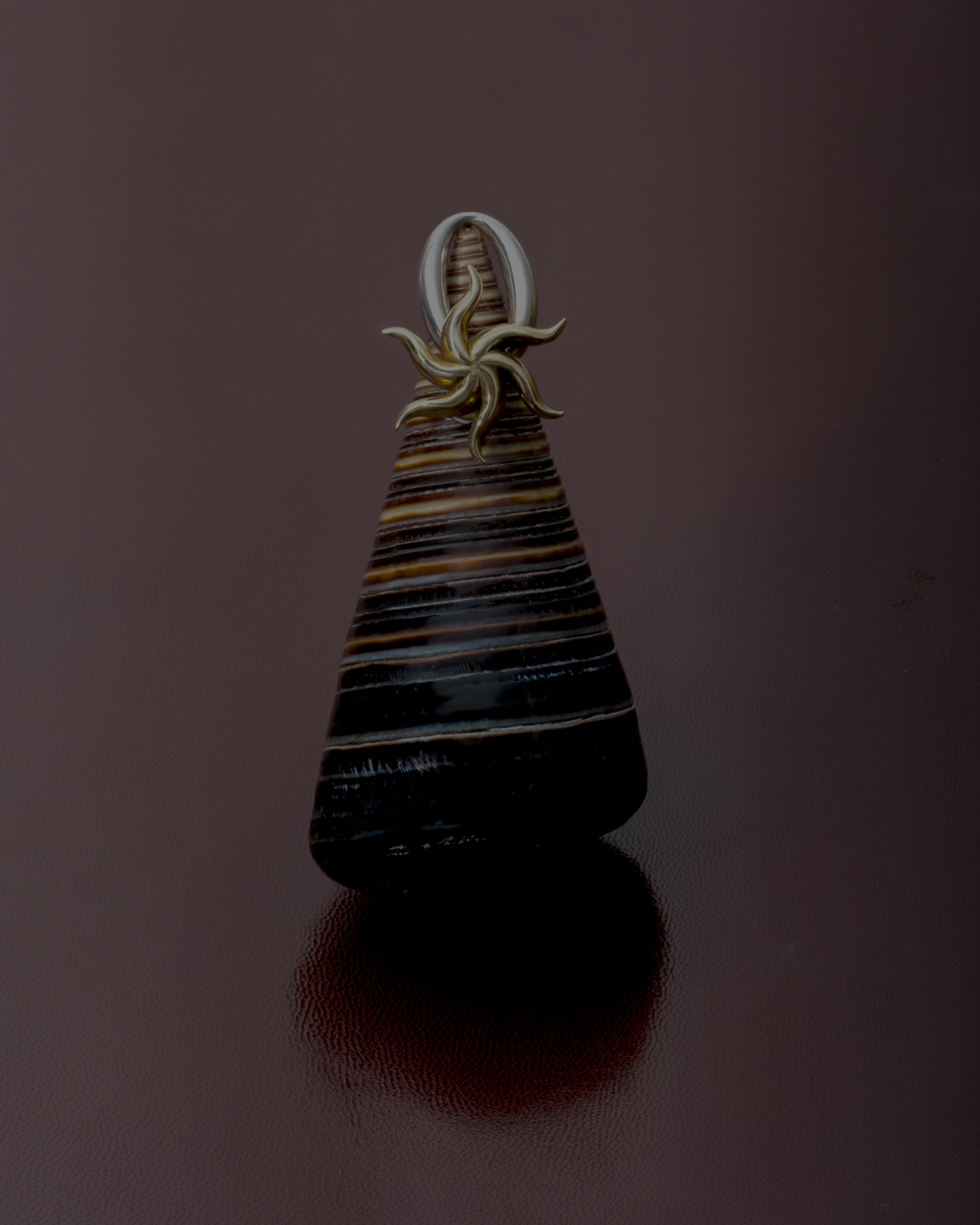 Striking view of a black and brown striped agate pendant featuring a gold sun design against a dark red-brown background with subtle reflections.
