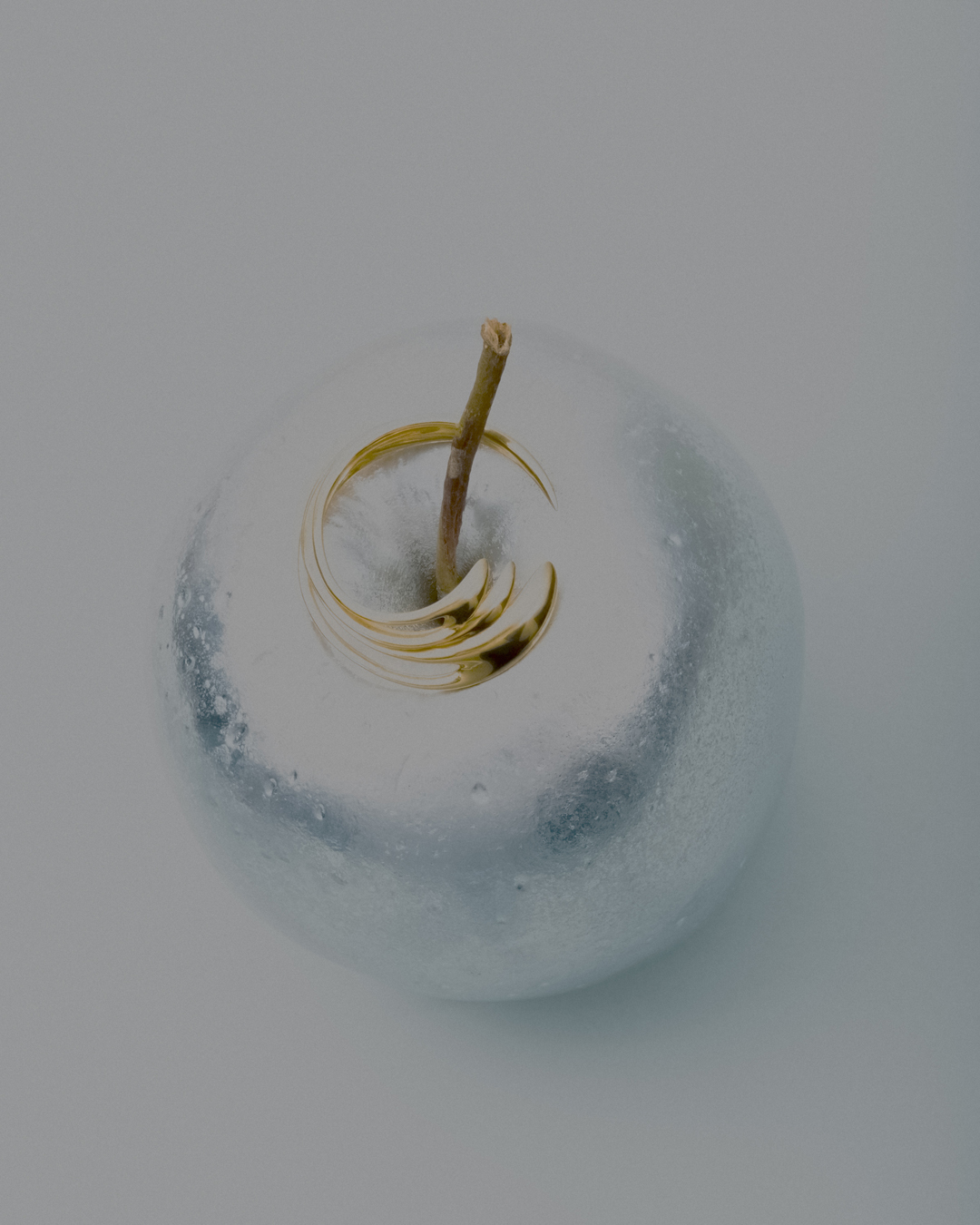 A metallic silver apple features a brown stem and a gold ring around it, set against a soft, muted grey backdrop in a studio setting.