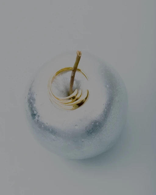 A metallic silver apple features a brown stem and a gold ring around it, set against a soft, muted grey backdrop in a studio setting.
