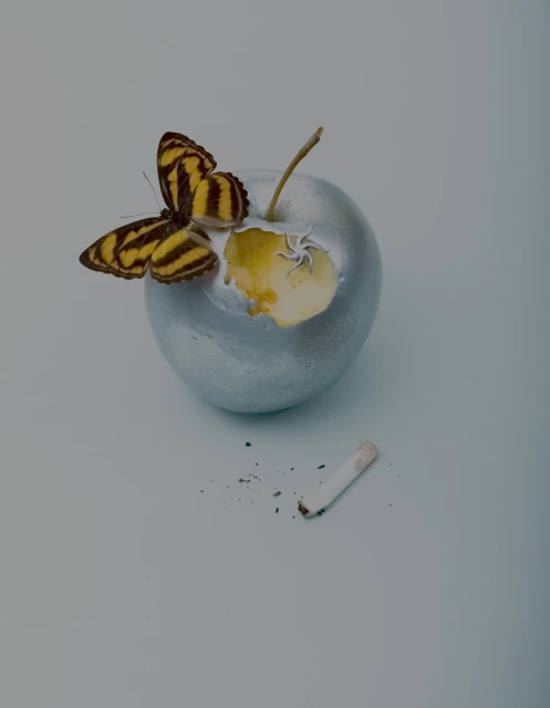 Still life of a silver apple with a butterfly on it and a partially smoked cigarette on a light blue background. Minimalist aesthetic.